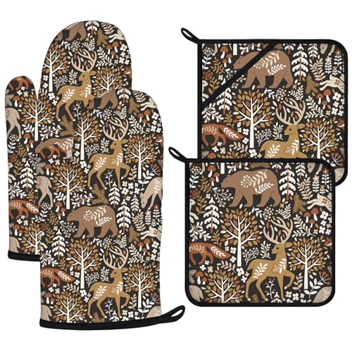 Bear Deer Oven Mitts and Wild Animals Pot Holders Sets 4Pcs (Wild Animals)