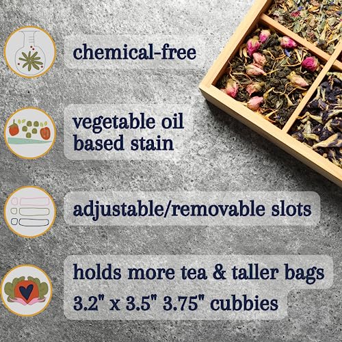 Bamboo Tea Organizer Box Chemical Free Eco (4-Slot Across / TEA Stamp)