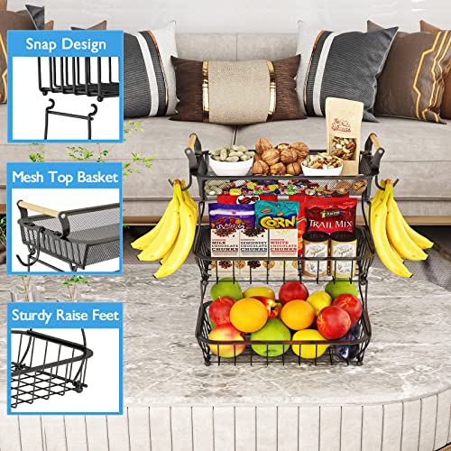 3 Tier Fruit Basket with 2 Banana Hangers (Black (3 Tier with Banana Hangers - Mesh Top))