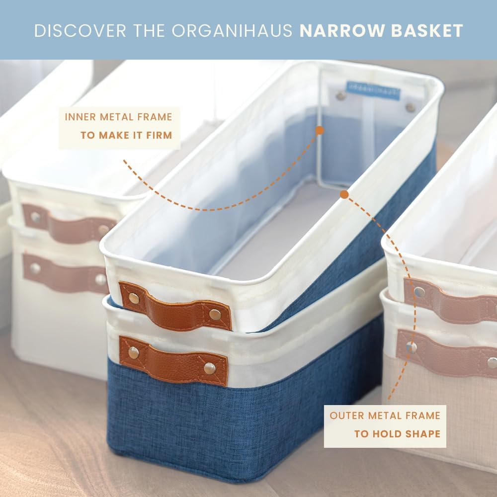 OrganiHaus Narrow Storage Bins 15x06in, Small Closet Bins for Shelves, Bathroom Storage Baskets, Narrow Baskets, Fabric Organizer with Handles, Toilet Paper Organizer - 2 Pack, White w/Brown Stripes
