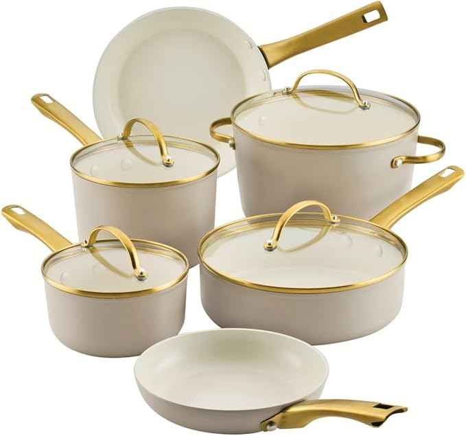 Farberware Forged Induction Ceramic Nonstick Pots and Pans Set with Cooking Tools, Dishwasher Safe, Gold Color Stainless Steel Handles, 12 Piece Cookware Set - Taupe