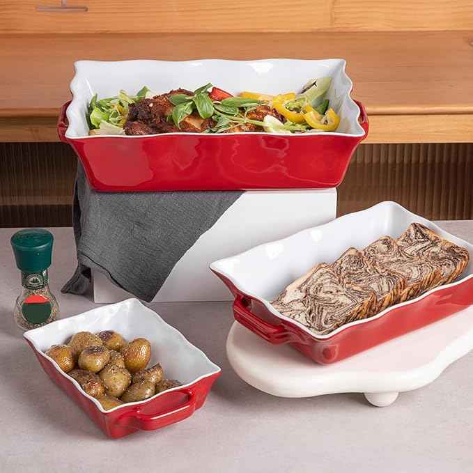 Sweejar Casserole Dishes for Oven, Ceramic Bakeware Set of 3, Rectangular Baking dish with Handles, Wave Edge Lasagna Pan Deep for Cooking, Cake, Dinner, Banquet and Daily Use (Red)