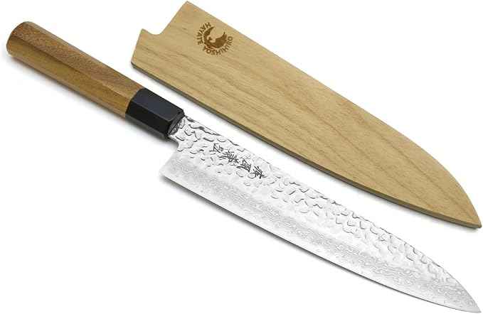 Yoshihiro VG10 46 Layers Hammered Damascus Gyuto Japanese Chefs Knife (Octagonal Ambrosia Handle) (7" (180mm)