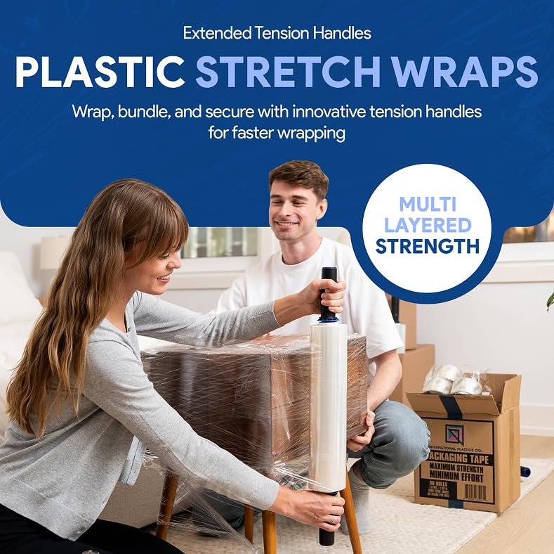 15" Plastic Stretch Wrap with Tension Handles (12 Pack / Extended Handles)