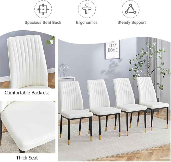 Modern Dining Chairs Set - 8 White PU Leather Armless Chairs with Metal Legs for Dinner Room, Office, Waiting Room