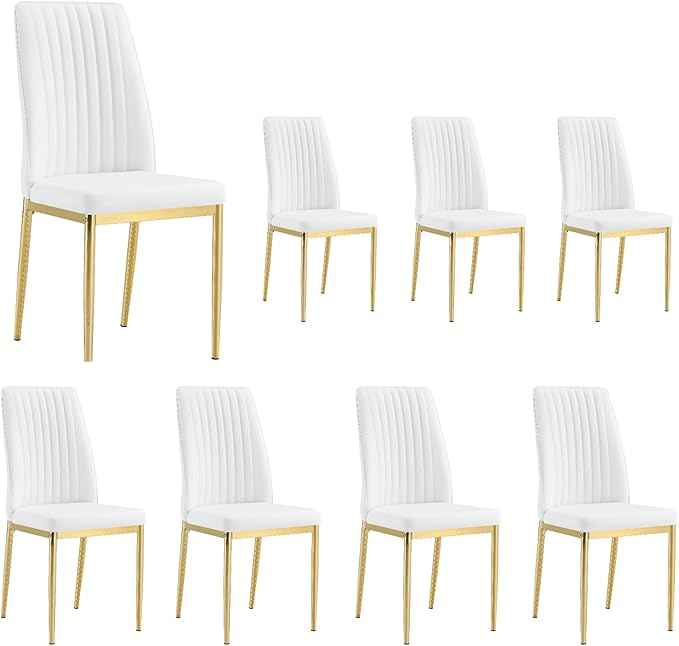 White Dining Chairs Set of 8 Leather Modern Kitchen Chairs with Metal Legs Armless Upholstered Chair for Dinner Room, Office, Waiting Room(Set of 8, White Golden Chair)