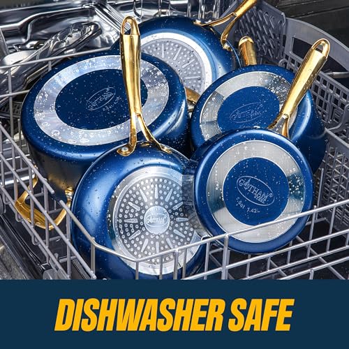 15 Pc Ceramic Pots and Pans Set Non Stick (Navy Cream / 15 Piece Set)