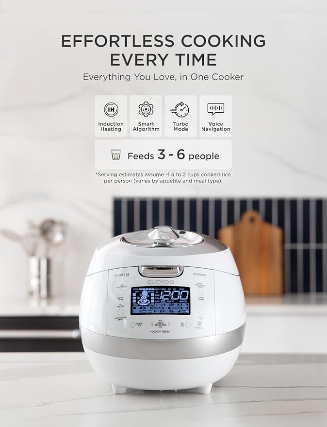 CUCKOO High Pressure Rice Cooker 6-Cup Uncooked / 12-Cup Cooked with Induction Heating Technology, Versatile Rice Maker with 16 Menu Options and Steam Plate, Voice Guide, White (CRP-BHSS0609F)