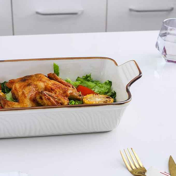 KOOV Bakeware Set, Ceramic Baking Dish Set, Rectangular Casserole Dish Set, Lasagna Pans for Cooking, Cake Dinner, Kitchen, 9 x 13 Inches, Texture Series 3-Piece (White)