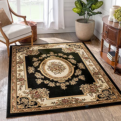 Timeless Collection Le Petit Palais Black 6x9 Luxurious Traditional French Aubusson Medallion Oriental Area Rug Perfect for Living Room Bedroom or Dining Room Easy (6'7" x 9'3" (Rectangular) / Black)