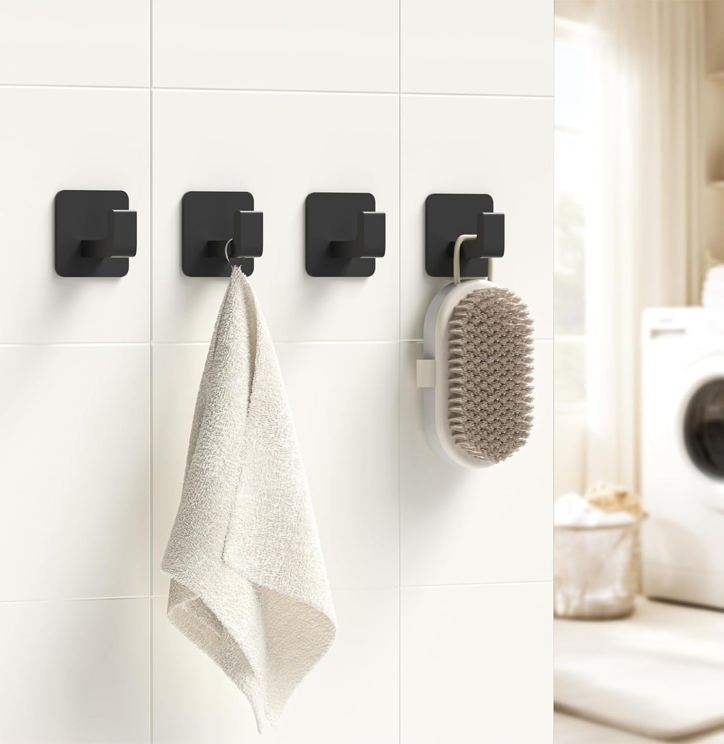 Square Self Adhesive Towel Hooks - 2 Pack Matte Black Metal Hooks, Right-Angle Design for Towels, Robes & Hats, Organize Bathroom, Kitchen, Entryway, Doors, Cabinets on Smooth Surfaces