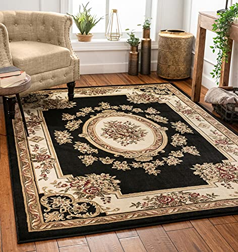 Pastoral Medallion Black French European Formal Traditional Area Rug (5'3" x 7'3" (Rectangular) / Black)