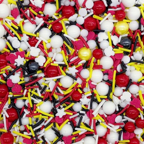 Yellow & Red & Black & White Sprinkles Mix Size Pearls Mouse Themed Cake Decorations Cupcake Toppers Perfect for Wedding Party Valentine Halloween Christmas Supplies 4.58OZ (Yellow&Red&Black&White)