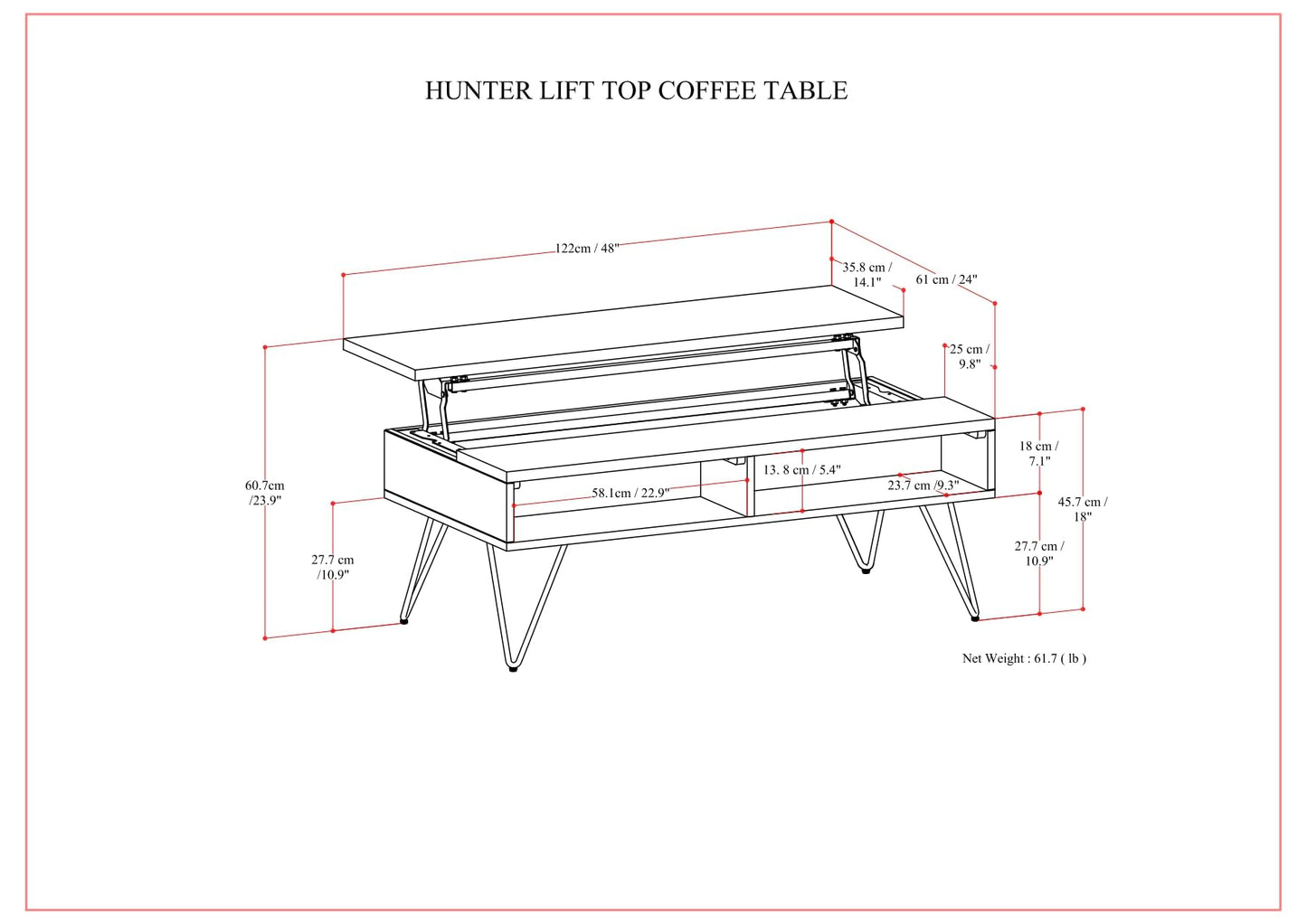 Hunter 48" Wide Walnut Veneer and Metal Coffee Table in Brown (Lift Top Coffee Table / 48 inch / Walnut Veneer)