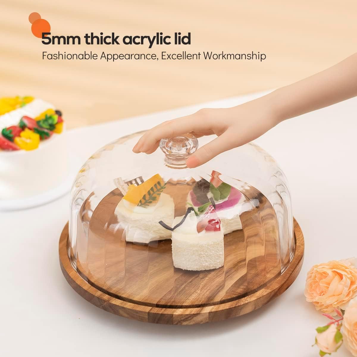 cutesun acacia wood cake stand with lid, 11.8'' Rotating Cake Stand with Dome, Shaterproof 10.4'' Acrylic Cake Display Cover, Cake Holder Tray for Wedding Gift，Kitchen,Birthday,Parties,Baking Gifts