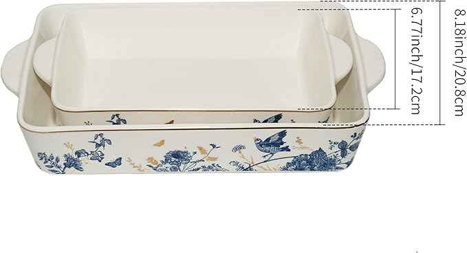 Baking Pans Set of 2 Blue flower 14 inch Ceramic for Oven Large Casserole Baking Dish Set with Handles Porcelain Bakeware Sets Casserole Dish for Oven/Cooking/Kitchen/Cake Dinner/Turkey/Pumpkin/Thanksgiving Holiday Gifts