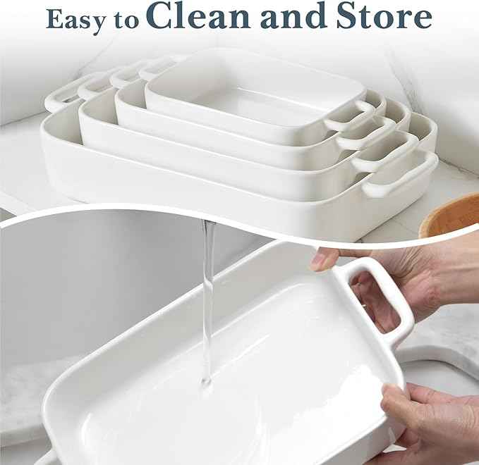 ONEMORE Casserole Dishes for Oven,9.5"x15.4" Baking Dishes Set of 4,Ceramic Bakeware Sets with Handles for Cooking, Baking,Serving, Wedding and Gifting, Baking Pan White , Microwave & Dishwasher Safe(7.5"/11.2"/13.4"/15.4")