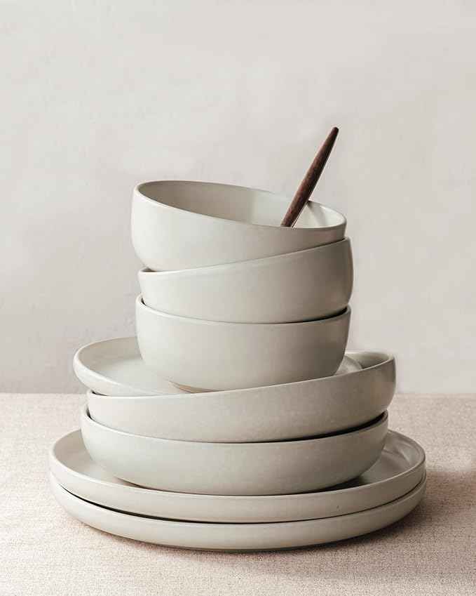 Famiware Milkyway Stoneware Dinnerware Sets with Mugs, Service for 6 (24 Pieces), Reactive Glaze Plates and Bowls Sets, Microwave and Dishwasher Safe Dishes Set, Matte Beige White