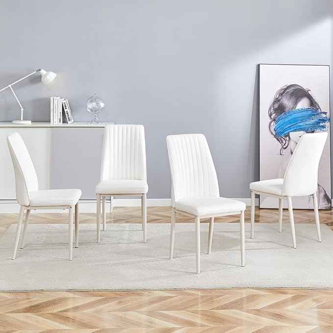 Modern Dining Chairs Set - 4 PU Leather Armless Chairs with Metal Legs for Dinner Room, Office, Waiting Room (Set of 4, All-White)