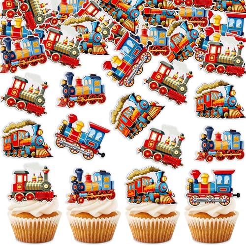 40PCS Edible Retro Train Cupcake Toppers Vintage Locomotiv Cupcake Picks for Retro Train Baby Shower Boys Girls Birthday Cupcake Decorations Traditional Transportation Party Decors (Edible)
