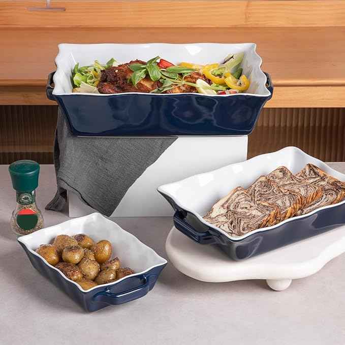 Sweejar Casserole Dishes for Oven, Ceramic Bakeware Set of 3, Rectangular Baking dish with Handles, Wave Edge Lasagna Pan Deep for Cooking, Cake, Dinner, Banquet and Daily Use (Navy)