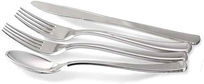 " OCCASIONS " 200 Piece set (25 Guests)-Wedding Plastic Plates & cutlery -Disposable heavyweight Dinnerware 10.5'', 8''+Silverware+10oz Cups+Napkins (Imperial in White & Blue & Silver)