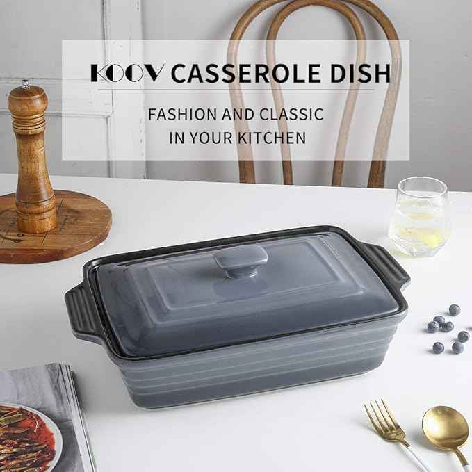 KOOV Ceramic Casserole Dish With Lid, Covered Rectangular Set, Lasagna Pan for Cooking, Baking Dish for Dinner, Kitchen, 9 x 13 Inches, Reactive Glaze (Gradient Grey)
