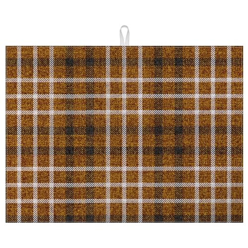 Brown Plaid Dish Drying Mat for Kitchen Counter Microfiber Absorbent Dish Kitchen Drying Mat Draining Reusable Washable for Dishes