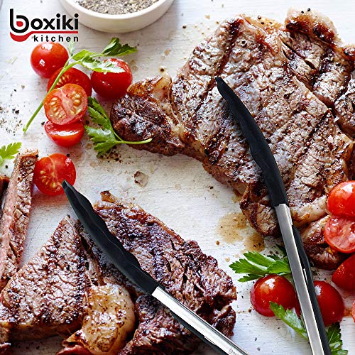 Kitchen Tongs for Cooking with Silicone Tips by Boxiki Kitchen (Black Silicon)