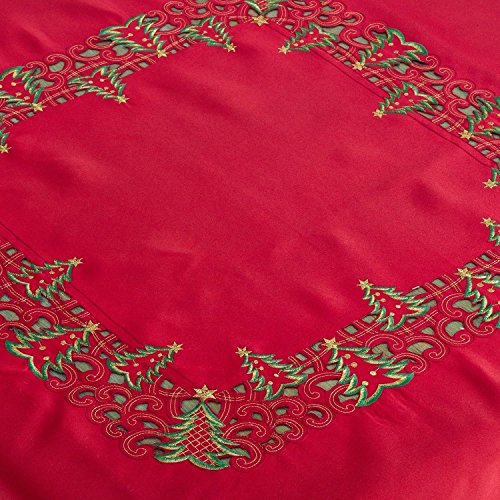 Holiday Embroidered Christmas Tree Cutwork Border 67 x 120 Inch Tablecloth (Red / 67"x120" Tablecloth)