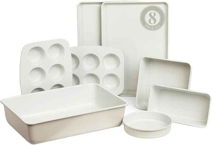 Larder & Vine 8-Piece Bakeware Set | Non-Stick Baking Set with Ceramic Finish | PFAS, PFOA, PTFE, and BPA Free Baking Essentials | Baking Sheets, Muffin Tins and Assorted Baking Pans | French Gray