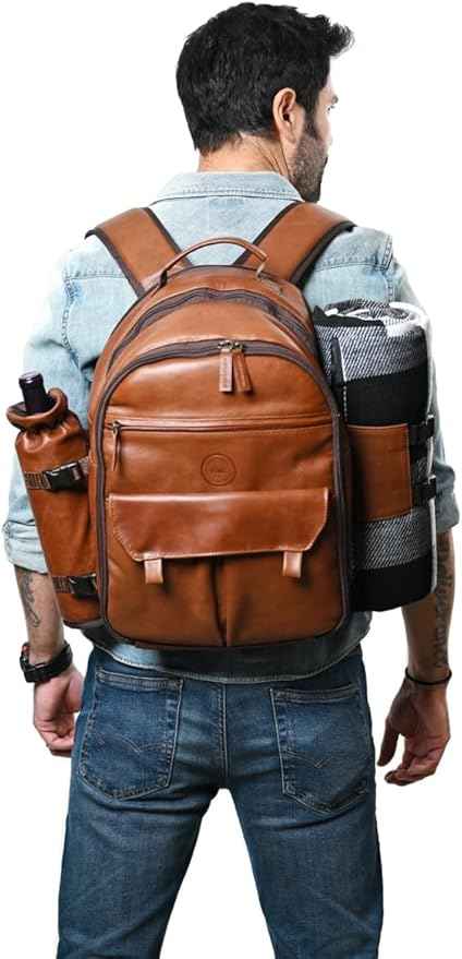 Premium Collection Genuine Leather Picnic Backpack for 4 | Insulated Compartment | Blanket | Dinner Plates | Cutlery Set | Blue