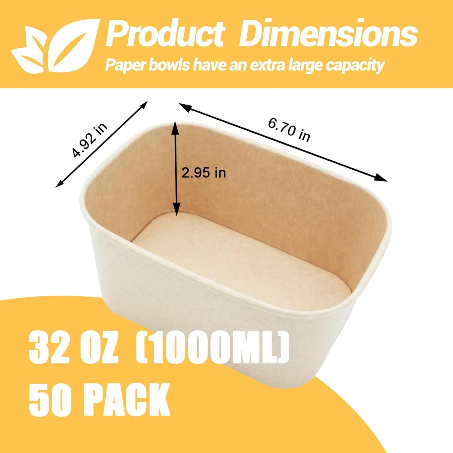 50 Pack 32 OZ Large Paper Bowls with Lids, Heavy Duty Disposable Compostable Container for Party, Disposable Bowls Bulk Soak-Proof and Microwave Safe for Hot/Cold Use