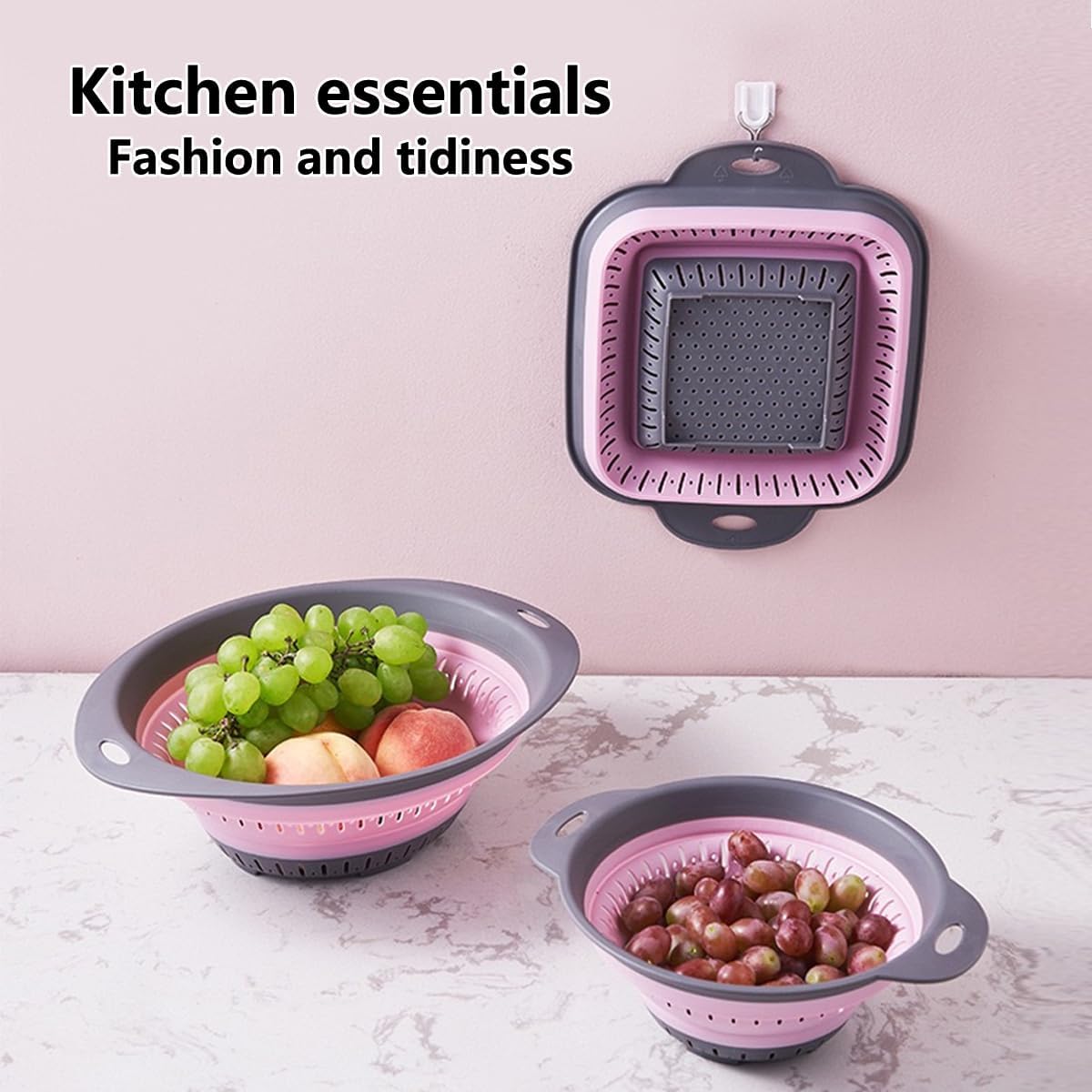 LogFaadCoi 3 Pcs Collapsible Colander and Strainer,Silicone Strainer Colanders & Food Strainers,for Vegetable and Fruit, Kitchen Essentials, white