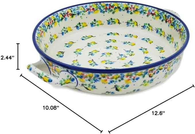 Polmedia Polish Pottery Round Baker with Handles 10-inch UNIKAT - Blueberry Season Pattern Handmade in Boleslawiec Poland by Ceramika Artystyczna + Certificate of Authenticity