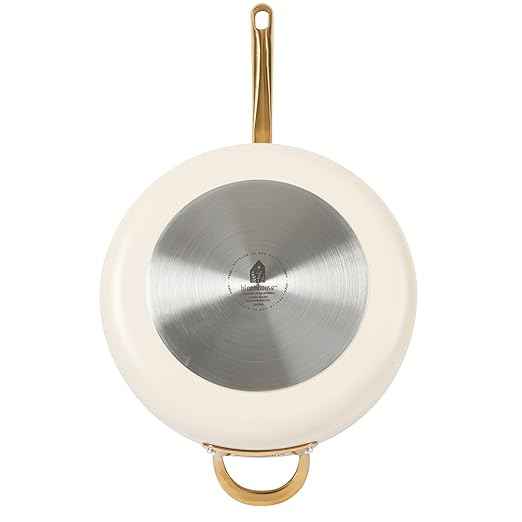 Bloomhouse - Two Time Oprah's Favorite Things Winner - 6 QT Heavy Duty Aluminum Premium PFA Free Ceramic Nonstick Saute/Deep Frying Pan Skillet with Lid - Almond Cream w/Gold Handle