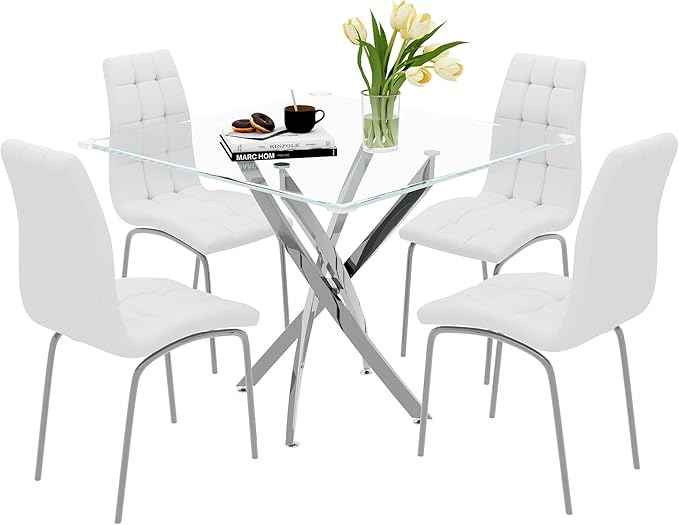 5 Piece Square Glass Dining Table Set, Round Tempered Glass Kitchen Table for 4, Modern Table with 4 High-Back Upholstered Chairs for Kitchen Dining Room (Silver Legs, 4 White Chairs)