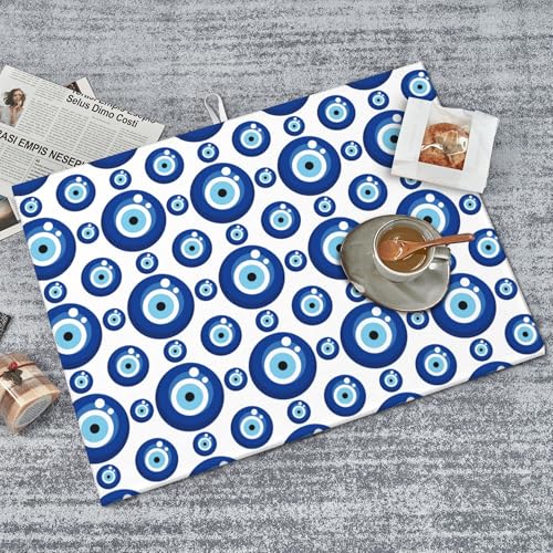 Blue Evil Eyes Microfiber Dish Drying Mat for Kitchen Counter 18"x24" Funny Dishes Pad Dish Drainer Rack Mats Absorbent Washable Reusable (Blue / 18 x 24 inch)