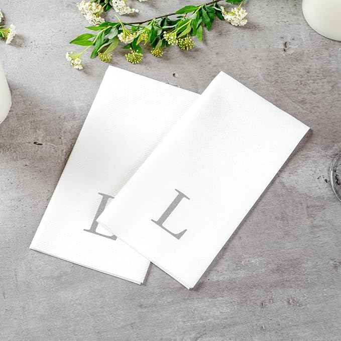 Luxenap 15.8 X 7.9 Inch Linen-Feel Guest Towels, 2000 Lettered Hand Towels - Silver Letter 'L', Sans Serif Font, White Paper Dinner Napkins, airlaid, For Restrooms And Tables - Restaurantware