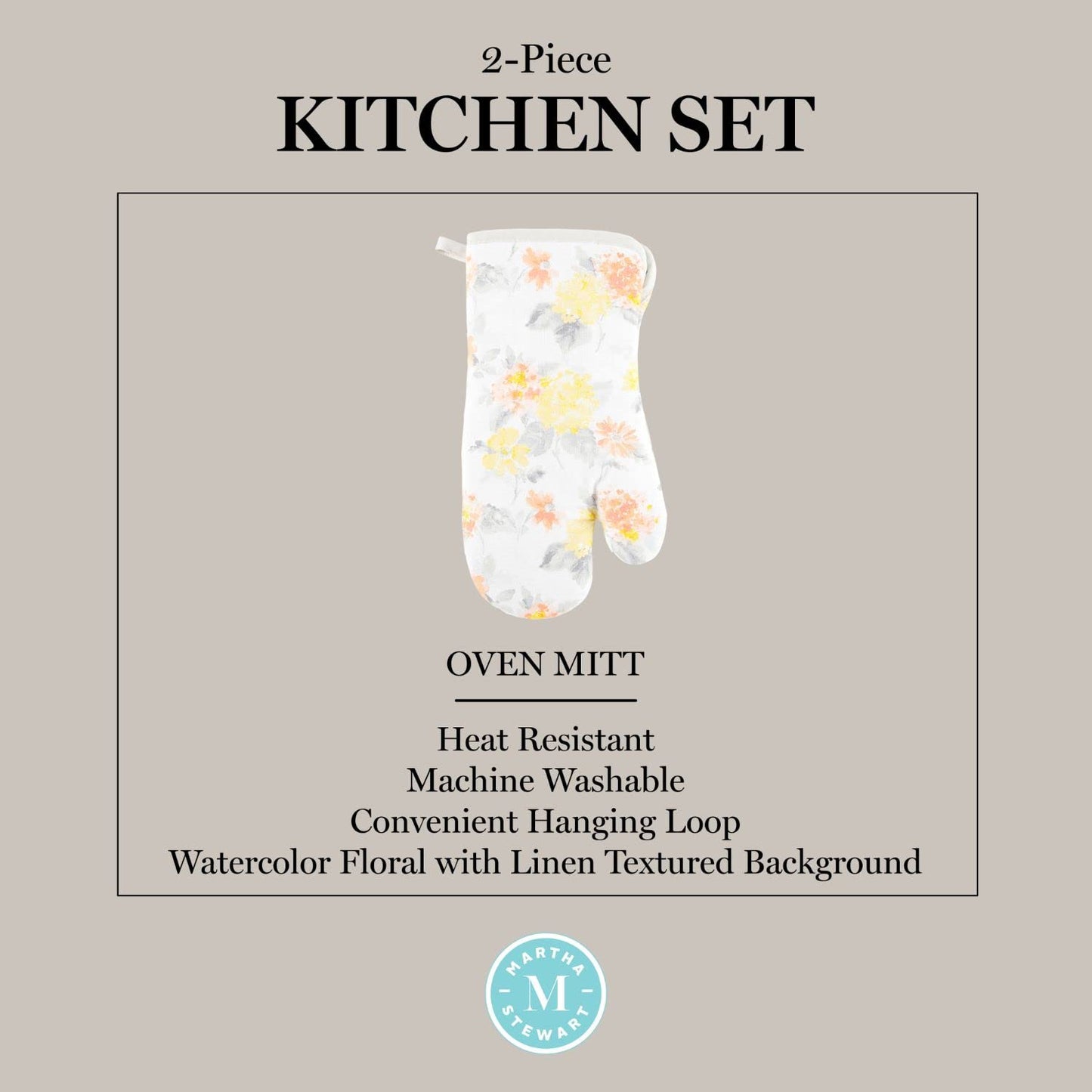 Amber Floral Oven Mitt & Pot Holder Set 2 (Yellow/Coral)