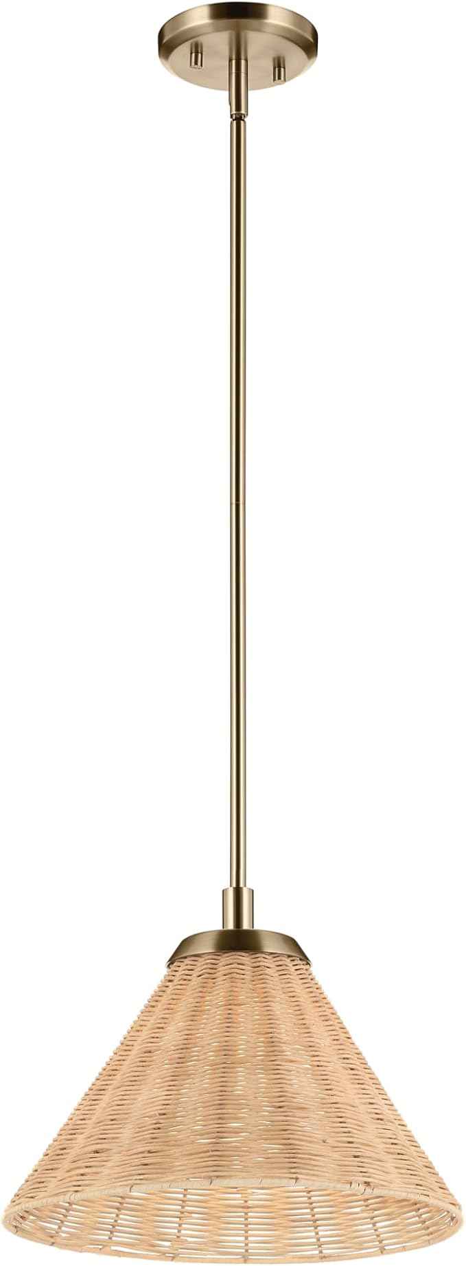 Kichler Bekah 1-Light Convertible Pendant, Global Boho LIght with Opal Glass and Handwoven Rattan Shade in Champagne Bronze, Sloped Ceiling Compatible, for Kitchen or Foyer (10.75" x 14.25"), 52728CPZ