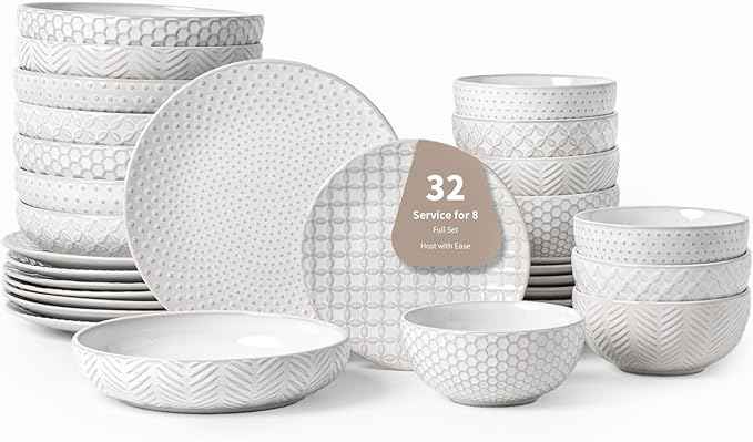 32-Piece Luxury Dinnerware Set,Complete Plates and Bowls Set for 8,Upscale Ceramic Dish Set for Hosting, Holidays & Family Gatherings–Microwave & Dishwasher Safe