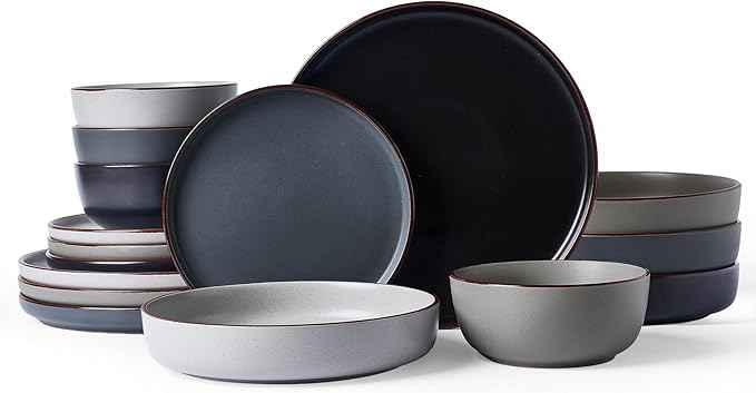 Famiware Mercury Dinnerware Sets with Pasta Bowls, Service for 4 (16 Pieces), Plates and Bowls Sets, Microwave and Dishwasher Safe Dishes Set, Multi-color