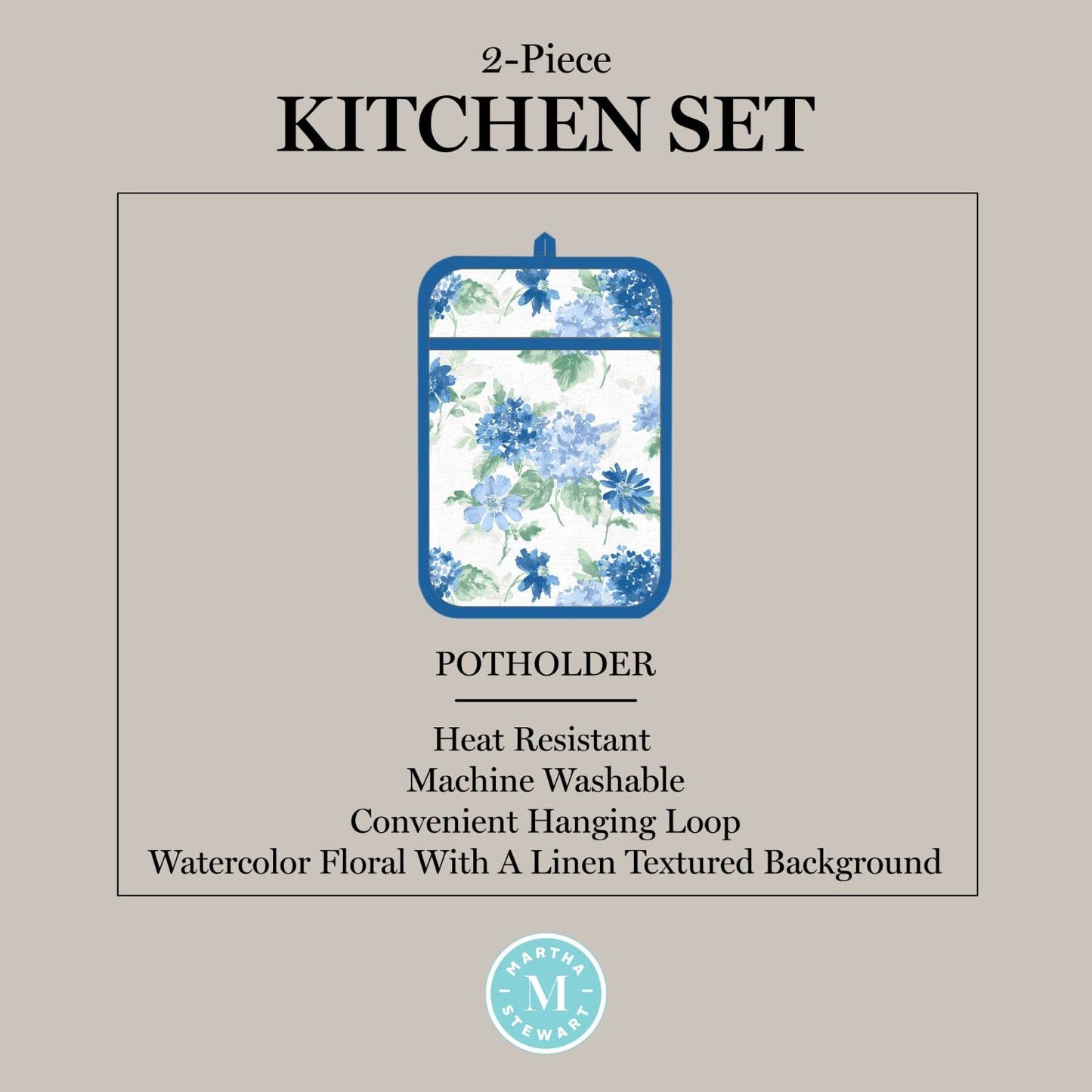 Amber Floral Oven Mitt & Pot Holder Set 2 (Blue)