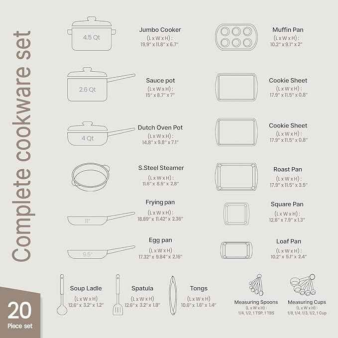 Bakken Master 20 Piece Cookware Set - Pots and Pans with Handle Grips and Tempered Glass Lids, With 6-piece Bakeware Set, Nonstick Granite Coating, Ceramic Max Temperature (Up To 500° F), Cream