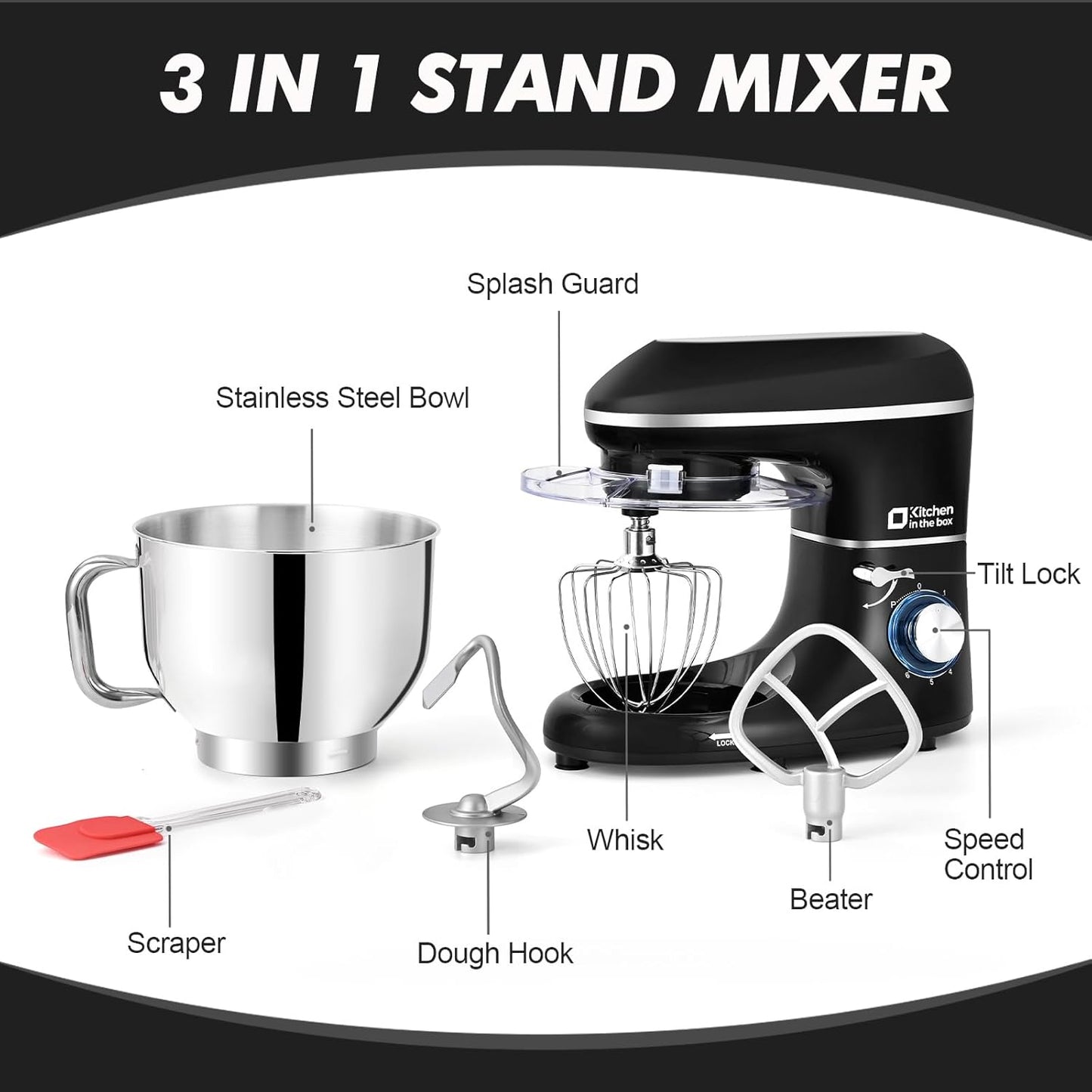 Kitchen in the box Stand Mixer, 6.5QT 660W Electric Kitchen Mixer, 6-Speed Tilt-Head Food Mixer with Dough Hook, Wire Whip, Beater, Dishwasher Safe (Black)