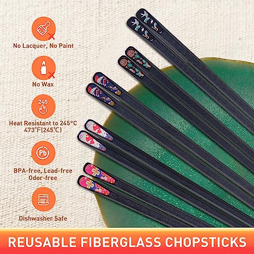 5 Pairs Reusable Chopsticks Premium Fiberglass Cute Japanese Korean Style Dishwasher Safe Chop sticks 9.5 Inch Gift Set (Colorful)