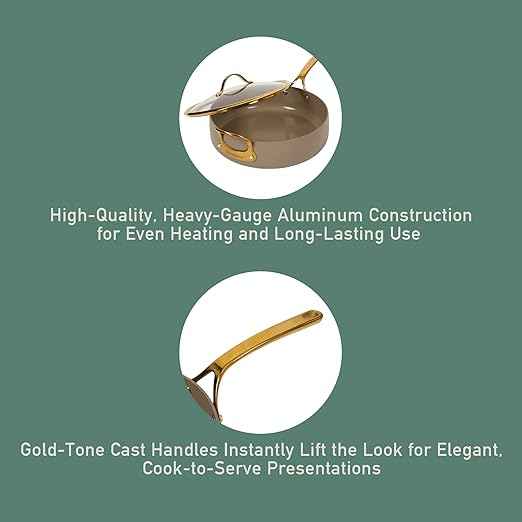 Bloomhouse - Two Time Oprah's Favorite Things Winner - 6 QT Heavy Duty Aluminum Premium PFA Free Ceramic Nonstick Saute/Deep Frying Pan Skillet with Lid - Cappuccino Cream with Gold Handle