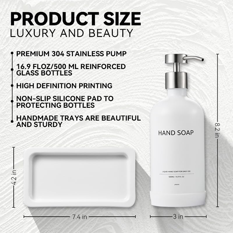 Glass Kitchen Soap Dispenser Set with Ceramic Tray (White Bottles + Silver Pumps)