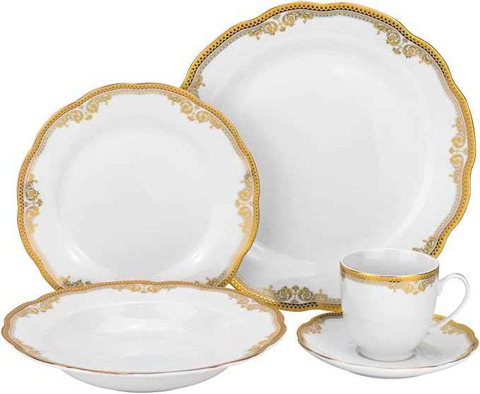 Euro Porcelain 57 piece Banquet Dinnerware Set with Scalloped Edges - Luxury Tableware Dining Service for 8